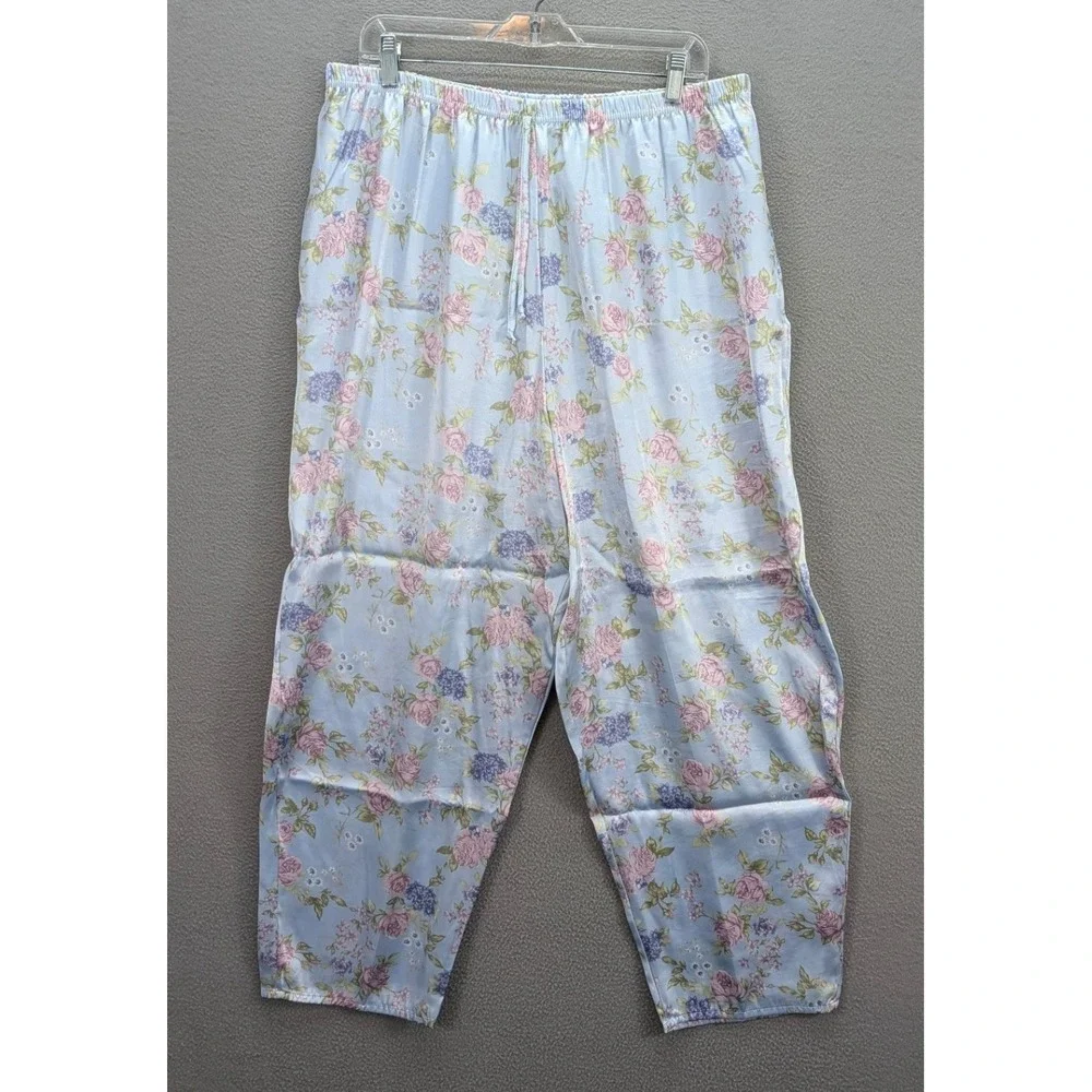 Kristine Tyler‎ Intimates Pajama Set Women's 3X Blue Floral Polyester Satin USA